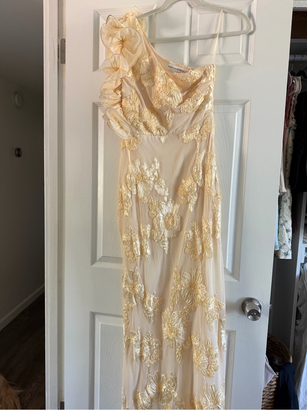 One-Shoulder Pale Yellow Evening Gown with Gold Floral Appliqué